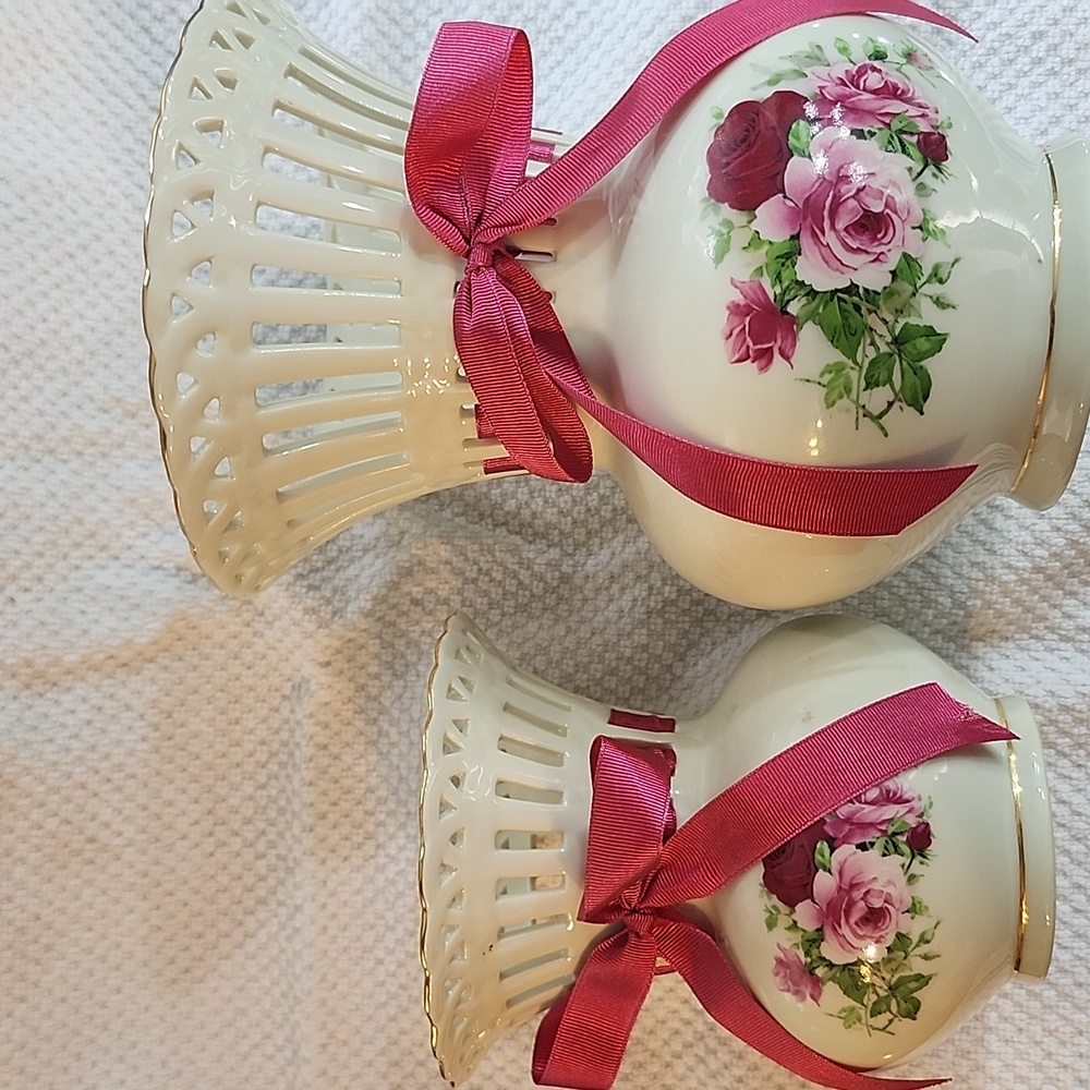 Elegant Rose Ceramic  2 Piece Vase Set with Pink Accents